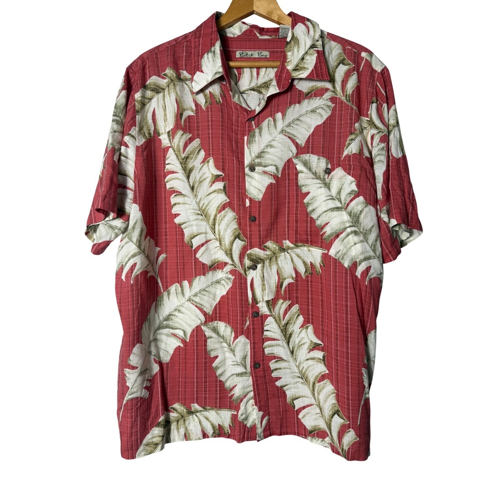 Batik Bay Hawaiian Shirt Sz XL Red Tropical Leaf Rayon Short Sleeve Dadcore
